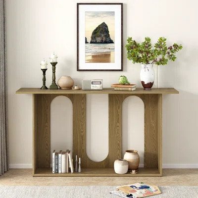 60" Curved Modern Console Table with Shelf - Natural Ash Veneer Entryway & Hallway Accent | Wayfair North America