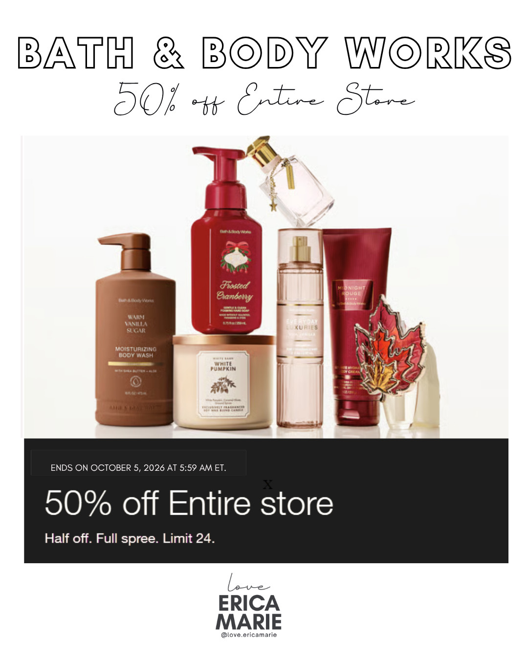Run, don't walk! Bath & Body Works is having 50% off the entire store right now. This is the best time to stock up on early Christmas stocking stuffers and grab all your personal favorite scents.

#BathAndBodyWorks #StockingStuffers #HolidayGifts #HolidayShopping #BeautyFavorites  

 #LTKselfcare #LTKSaleAlert