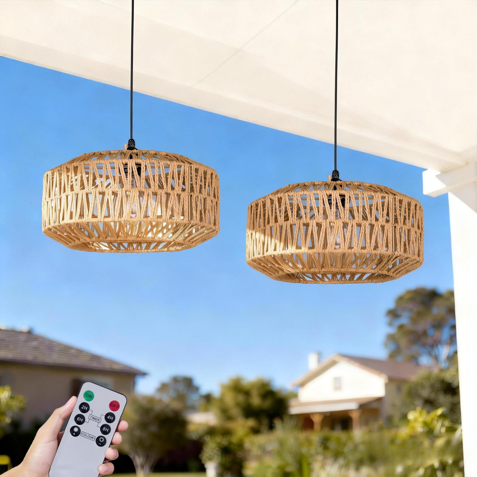 13" Battery Operated Outdoor Chandelier, Battery Power Hanging Pendant Lights, Woven Rattan Gazeb... | Amazon (US)