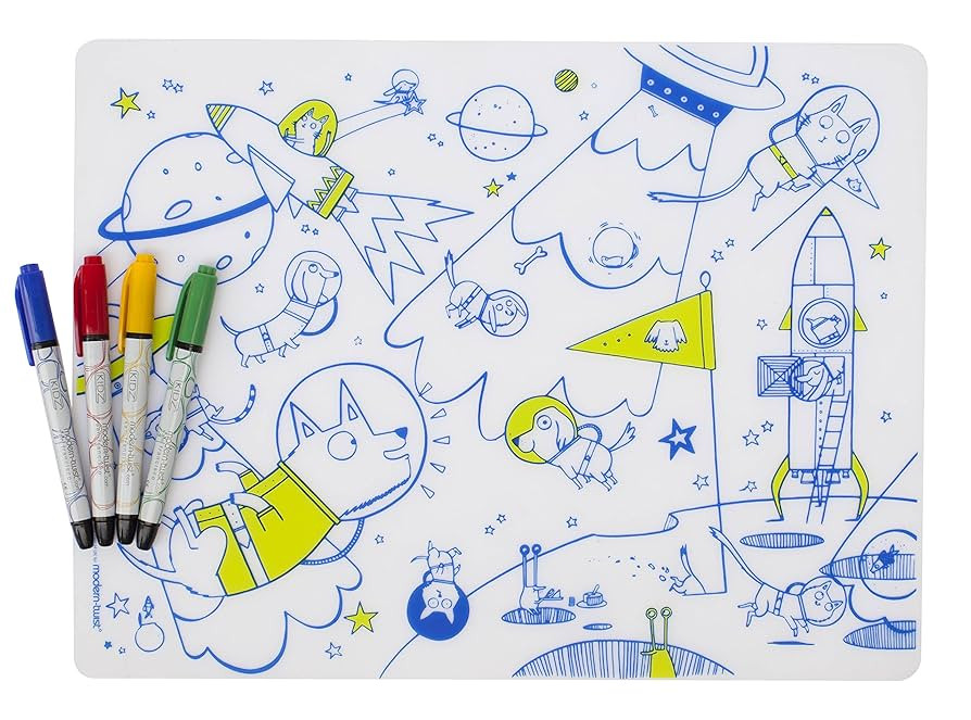 modern-twist Mark-Mat Set, Reusable Color Sheet & 3 Dry Erase Markers for Kids – Space Animals | Amazon (US)