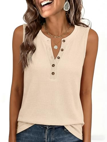 ANRABESS Womens Tank Top Waffle Knit Sleeveless Henley Shirts 2026 Summer Loose Button Up V Neck ... | Amazon (US)