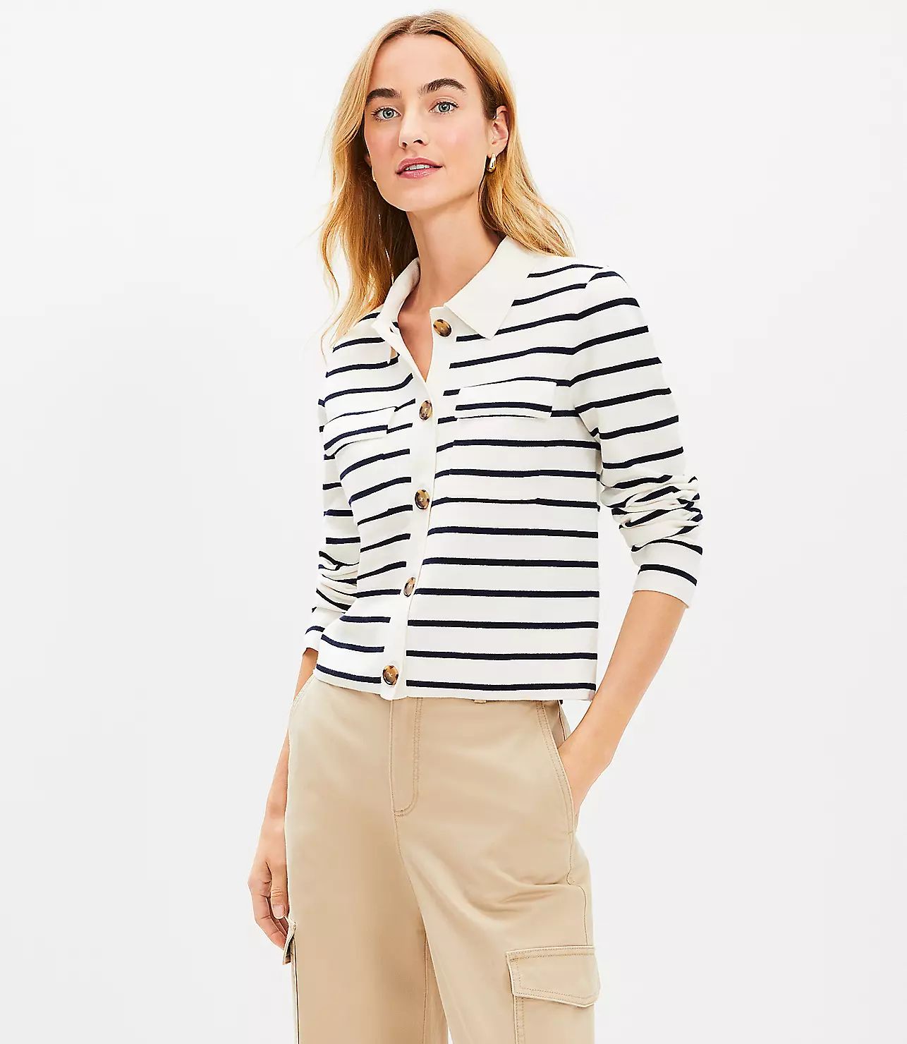 Stripe Collared Sweater Jacket | LOFT