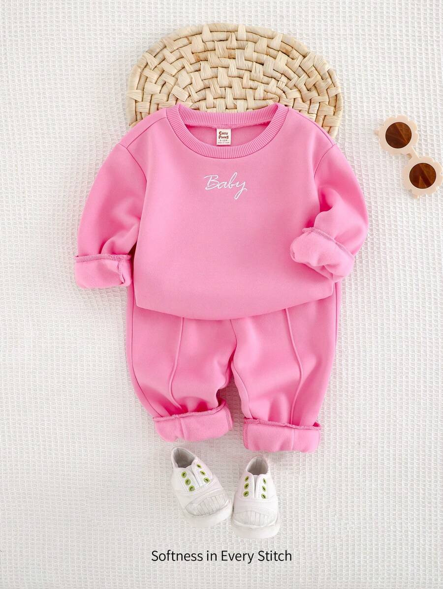 Cozy Pixies 2pcs Baby Girl Letter Embroidery Dropped Shoulder Sweatshirt And Tapered Pants Set, F... | SHEIN