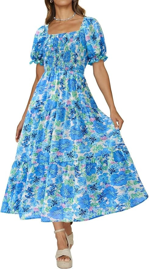 PRETTYGARDEN Women's Boho Floral Print Summer Dresses Square Neck Puff Sleeve A Line Long Dress S... | Amazon (US)