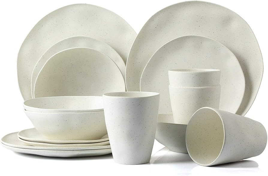 LEKOCH 16 Pcs Wave Serie Reusable White Dinnerware Set Eco-friendly Bamboo Plates and Bowls Camping Set for 4 Person | Amazon (US)