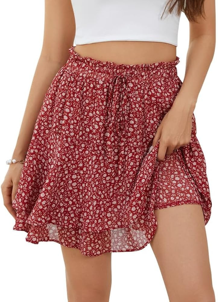 Summer Flowy Skirts Women Mini Skorts Casual Boho Floral Skirts Ruffle with Shorts Underneath Bea... | Amazon (US)