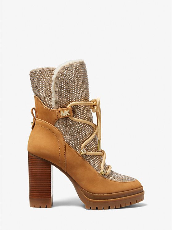 Culver Embellished Nubuck and Glitter Chain Mesh Lace-Up Boot | Michael Kors US