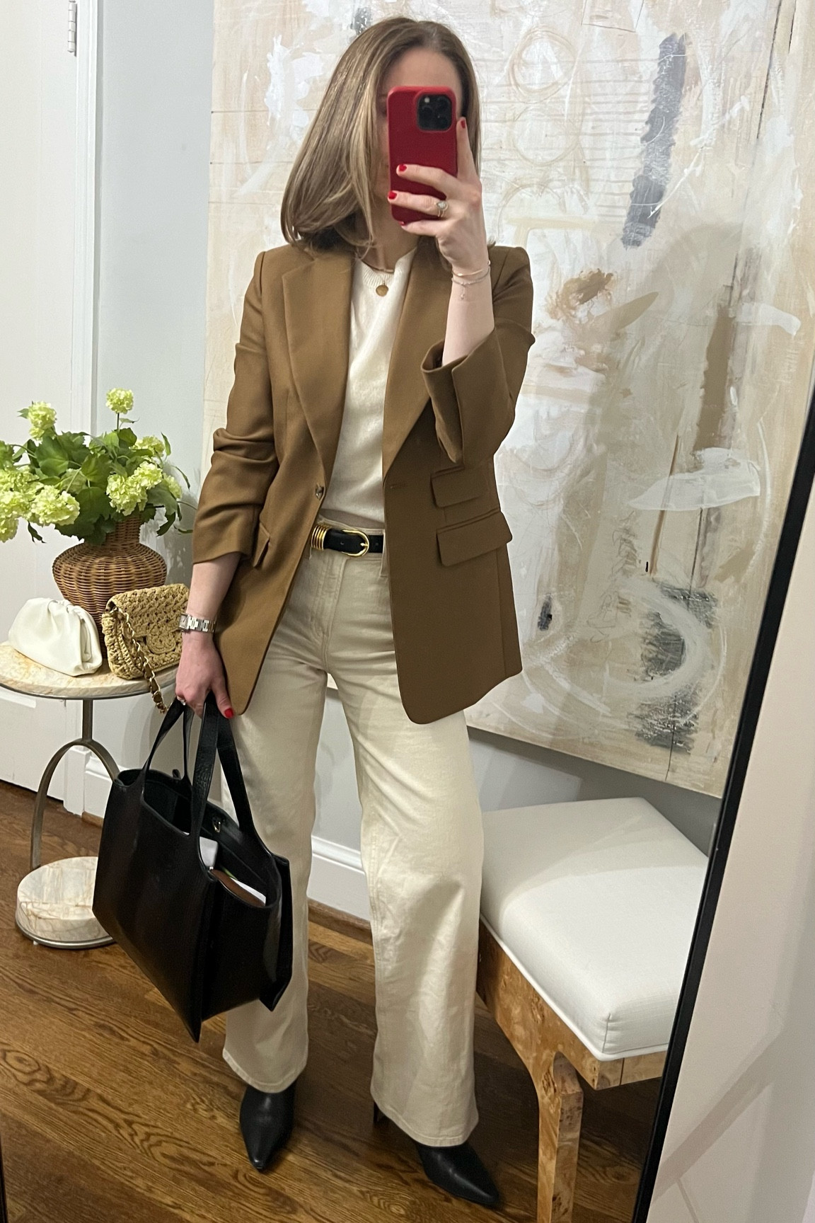Work outfit of the day
Ecru wide leg jeans AYR
camel tan blazer banana republic
Black ankle boots Jcrew
Black belt with gold hardware - Dehanche, shop via their site with code KELLY20
The curated black mock croc tote bag

#LTKworkwear #LTKstyletip