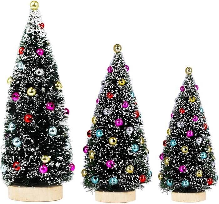 Winlyn 3 Pack Artificial Mini Tabletop Christmas Trees Tiny Frosted Bottle Brush Trees Decorated ... | Amazon (US)