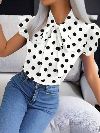 SHEIN Frenchy Polka Dot Butterfly Sleeve Tie Front Women's Shirt, Spring/Summer | SHEIN