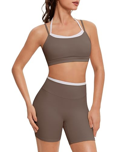 OMKAGI Workout Sets for Women Cute Doubel Layer Open Back Sports Bras Gym Shorts Outfits(S,531-Dark Brown) | Amazon (US)