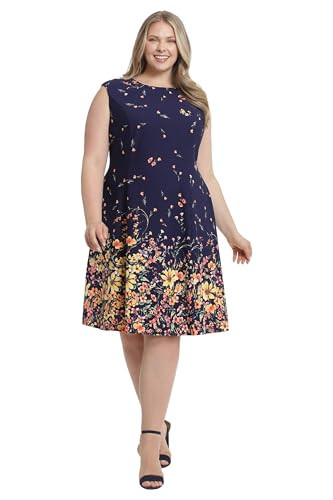 London Times Women's Dresses Floral Border Cap Sleeve Fit & Flare Dress, Navy/Aspen Gold, 22 | Amazon (US)
