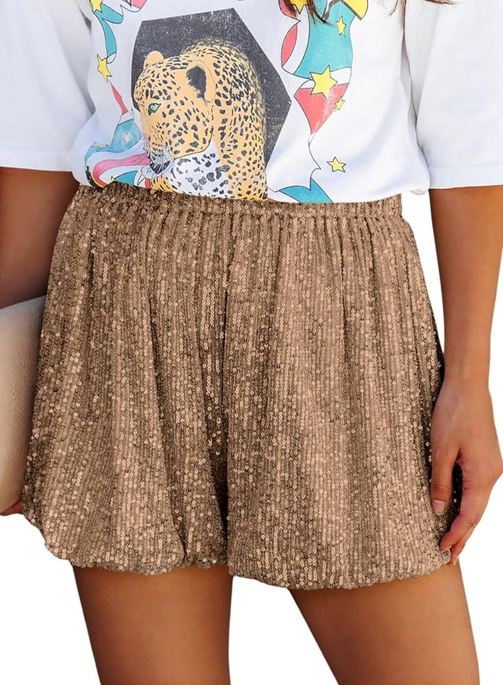 Dokotoo Womens Sequin Shorts High Waist Elastic Straight Leg Sparkle Casual Shorts for Women Tren... | Amazon (US)