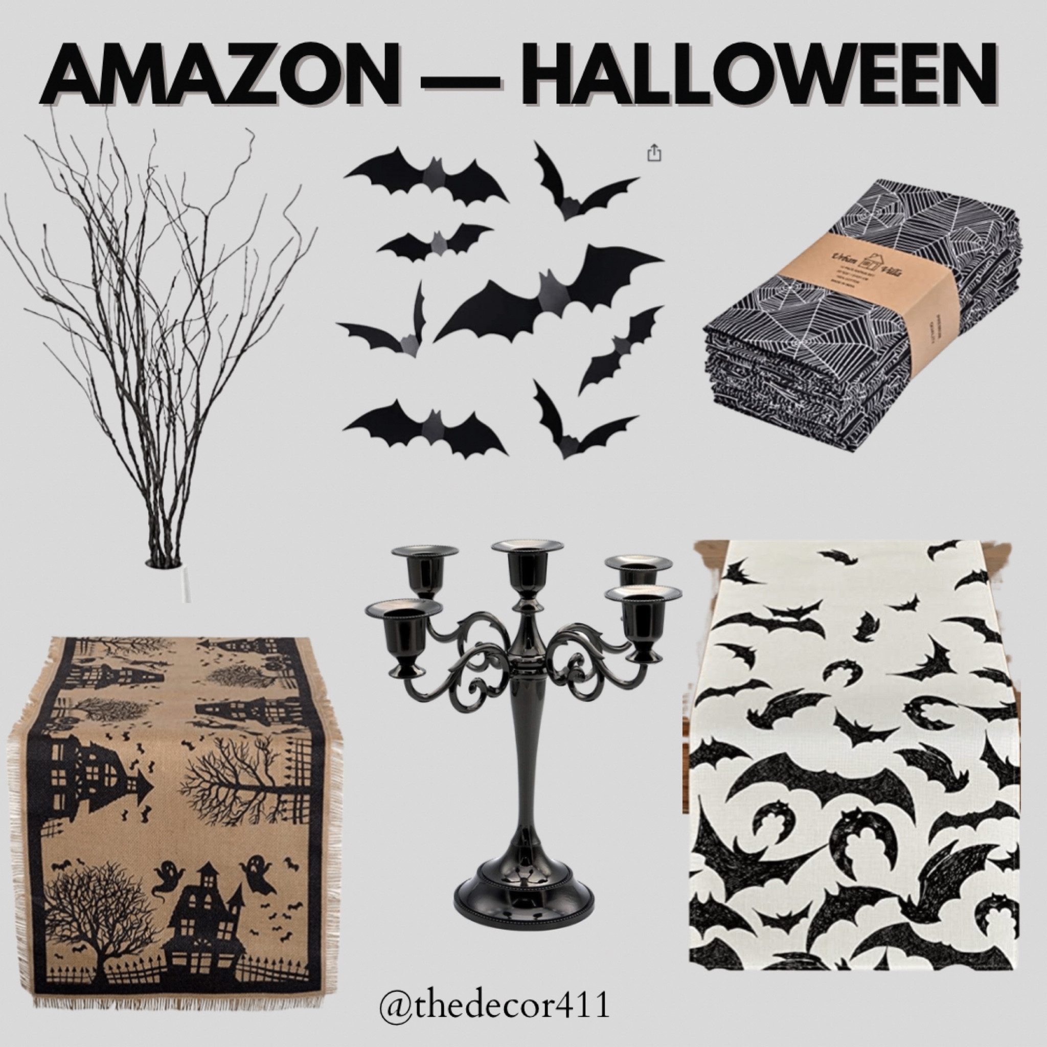 Amazon Halloween table decor 
Faux branch stems, halloween table runner, candle sticks, candle stick holder, Halloween napkins, Halloween bats, Halloween decor, bag table runner, Halloween table scape 

#LTKhome #LTKHalloween #LTKSeasonal