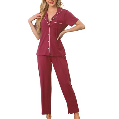 cheibear Women's 2 Pcs Button Down Short Sleeve Shirt and Pants Pajama Set Loungewear X-Small Red | Target