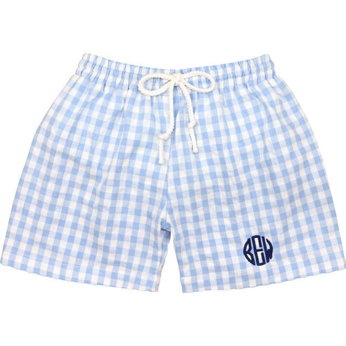 Blue Check Seersucker Swim Trunks | Cecil and Lou