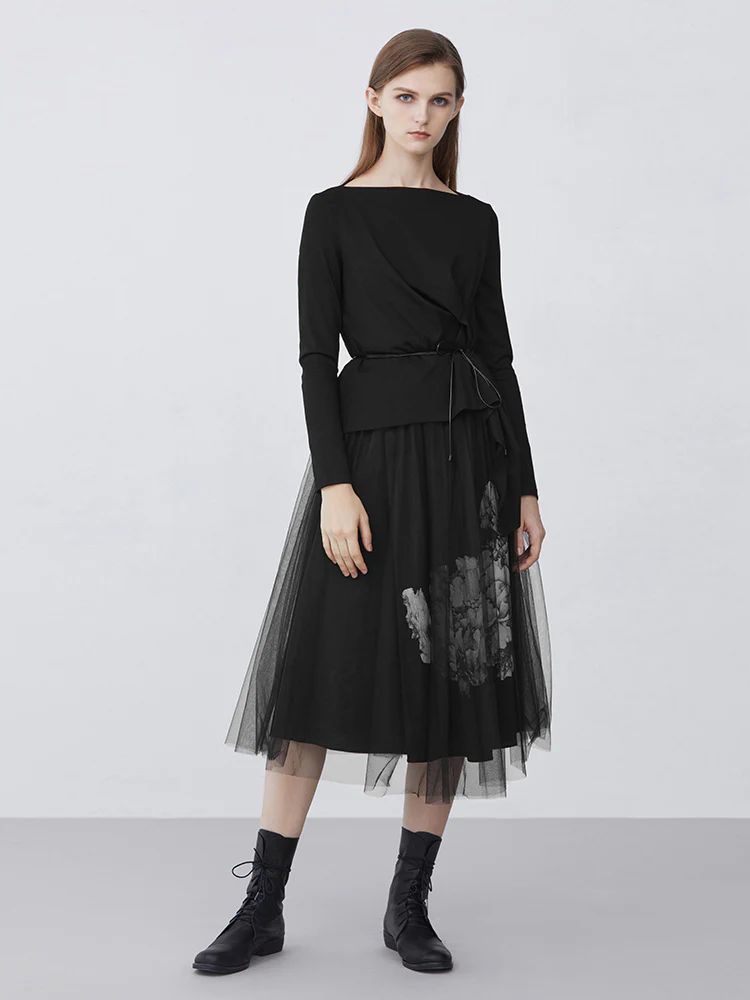 Mesh Printed Long Sleeve Dress With Nipped Waist | SDEER