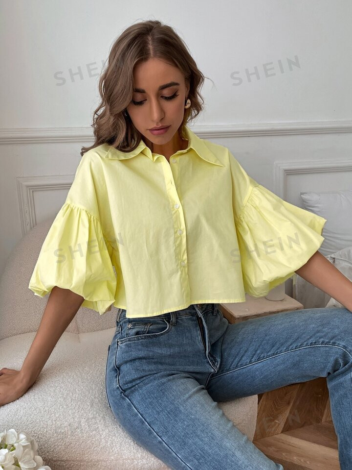 SHEIN Privé Drop Bishop Sleeve Single Breasted Blouse | SHEIN