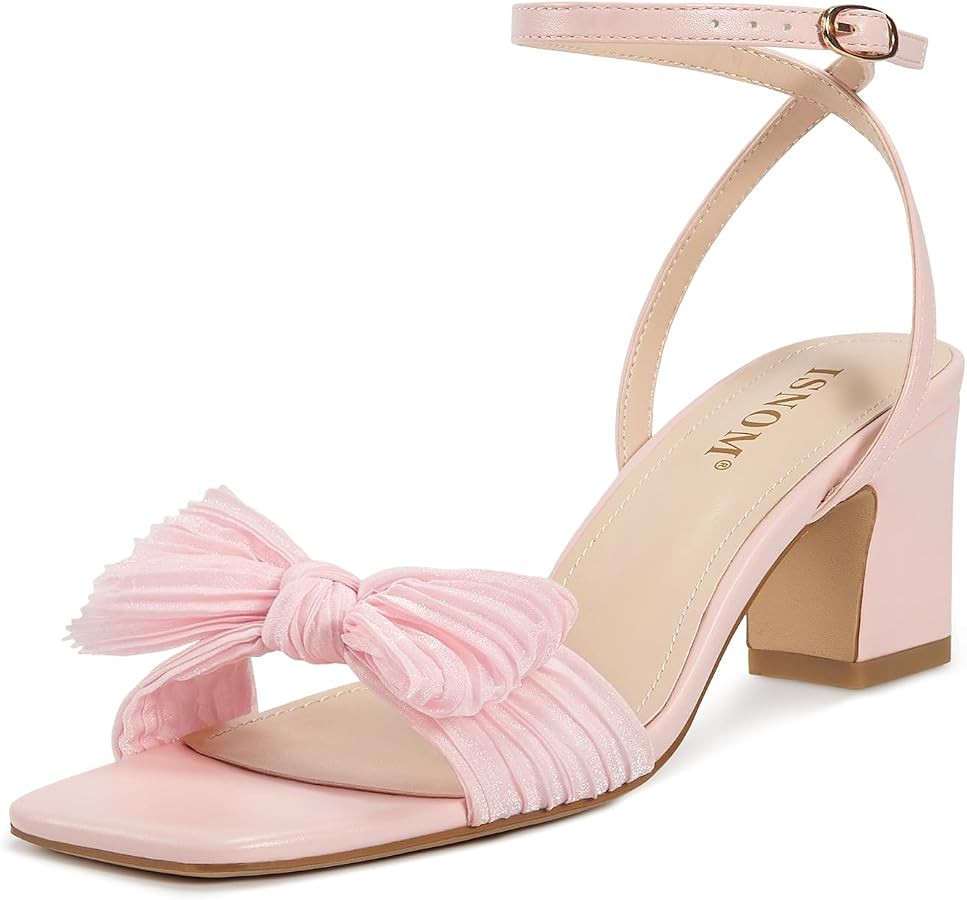 ISNOM Women's Bow Knot Ankle Strap Open Toe Block Heel Sandals Wedding Party | Amazon (US)
