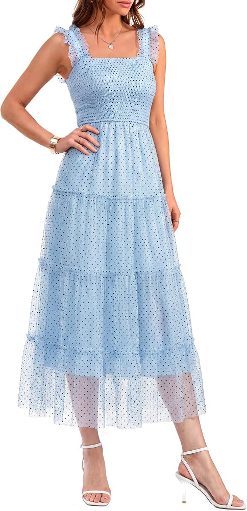 Simplee Womens Summer Tulle Wedding Guest Dress 2026 Polka Dot Sleeveless Smocked Ruffle Flowy Me... | Amazon (US)