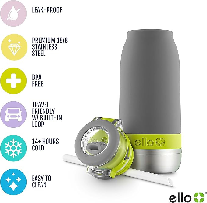 Ello Emma 14oz Vacuum Insulated Stainless Steel Kids Water Bottle with Straw and Built-in Carryin... | Amazon (US)