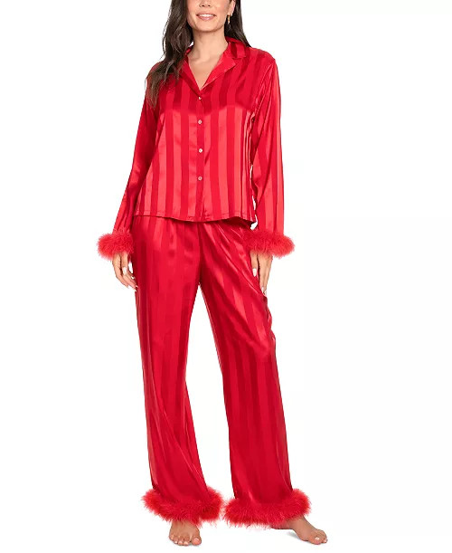 Women's 2-Pc. Satin Feather-Trim Pajamas Set | Macy's