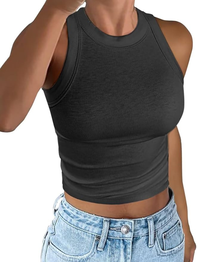 Women's Crewneck Racerback Ribbed Tank Tops Summer Basic High Neck Sleeveless Slim Fit Crop Tops ... | Amazon (US)
