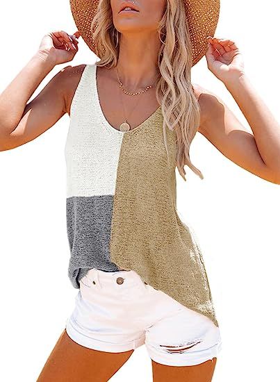 HOTAPEI Women's V Neck Knit Tank Tops Casual Color Block Striped Sleeveless Shirts | Amazon (US)