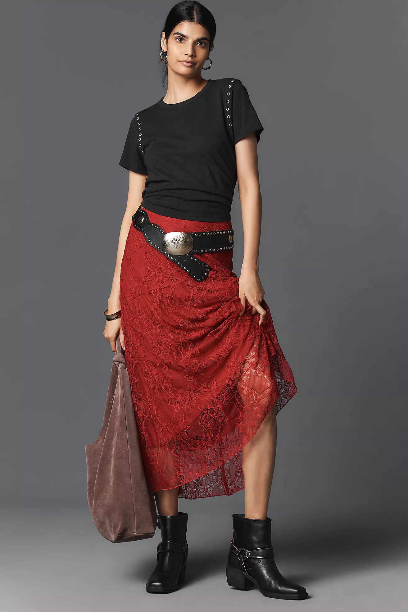 By Anthropologie Asymmetric Drop-Waist Lace Midi Skirt | Anthropologie (US)