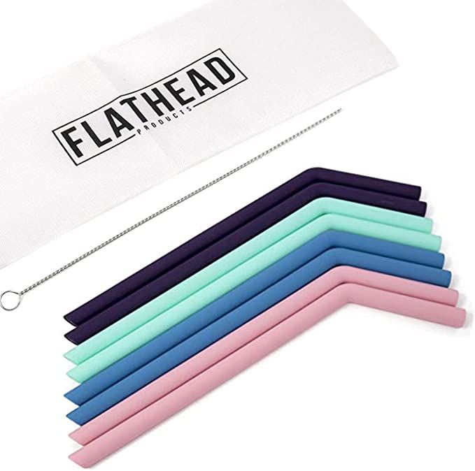 Flathead Large, Thick Smoothie Reusable Silicone Drinking Straws w/Cleaning Brush - Extra Long Fl... | Amazon (US)
