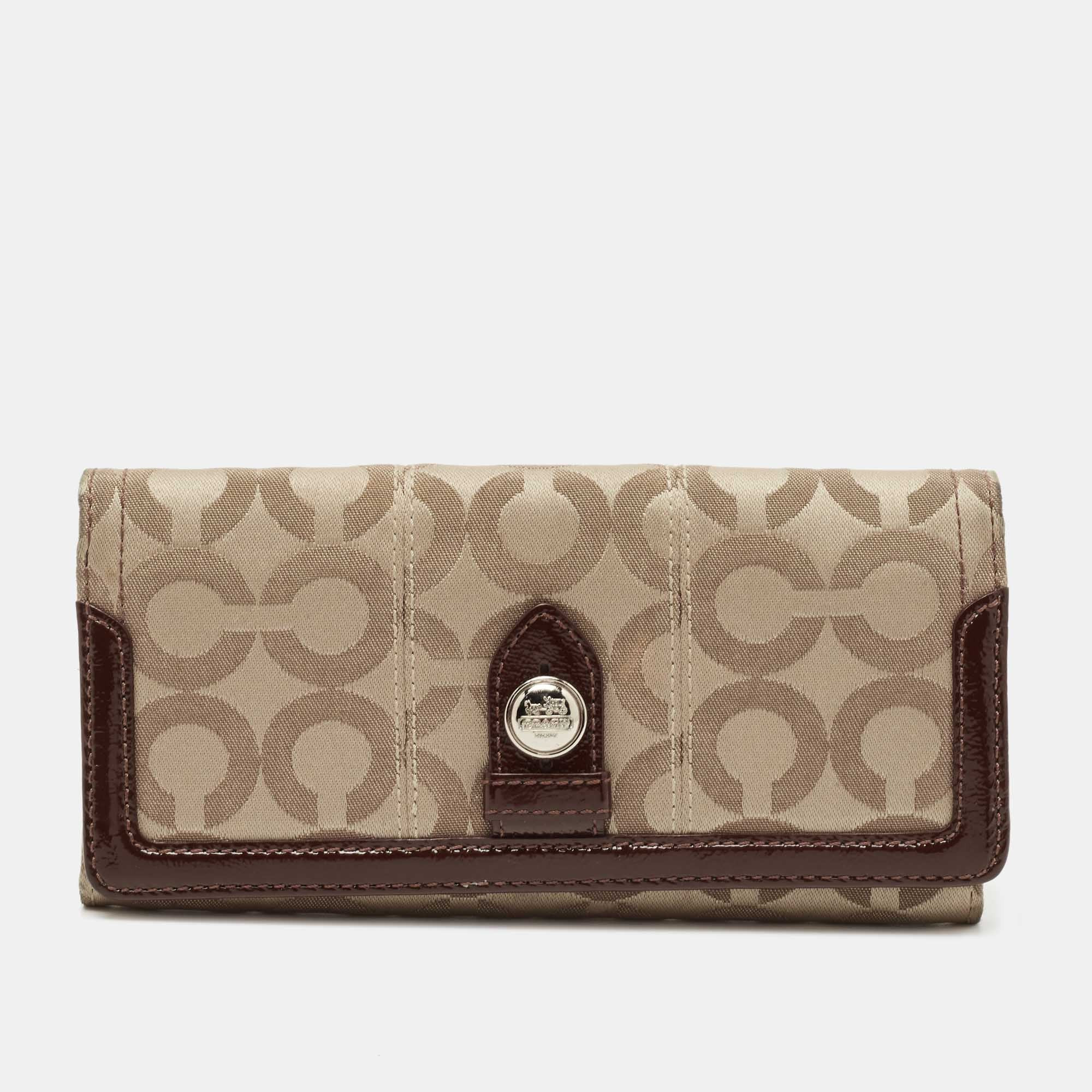 Coach Beige/brown Signature Canvas And Patent Leather Flap Continental Wallet | Shop Simon