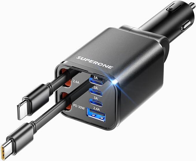 Retractable Car Charger, SUPERONE 99W Car Phone Charger with Cables Fast Charging, USB C Car Char... | Amazon (US)