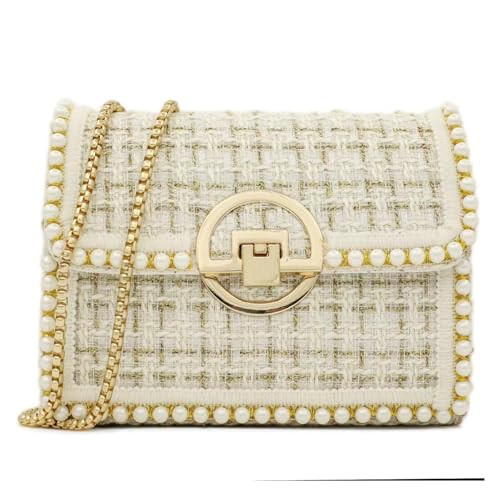 FGJKKK Quilted Shoulder Bag Purse for Women Fashion Tweed Pearl Clutch Handbag Designer Small Crossbody Bag, with Chain Strap (white1) | Amazon (US)