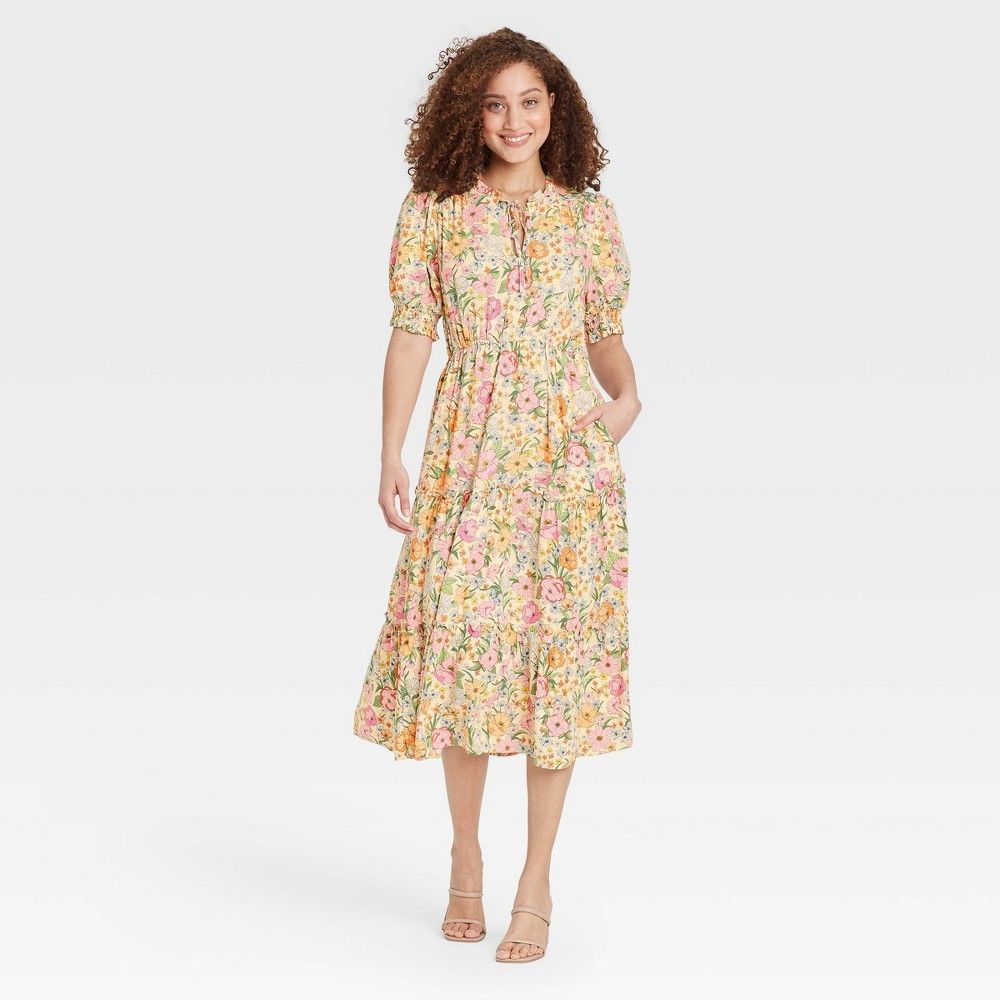 Women's Puff Elbow Sleeve Dress - Who What Wear Cream Floral L, Ivory Floral | Target