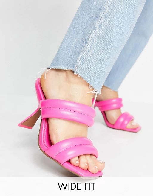 ASOS DESIGN Wide Fit Nadalie padded heeled mules in pink | ASOS (Global)