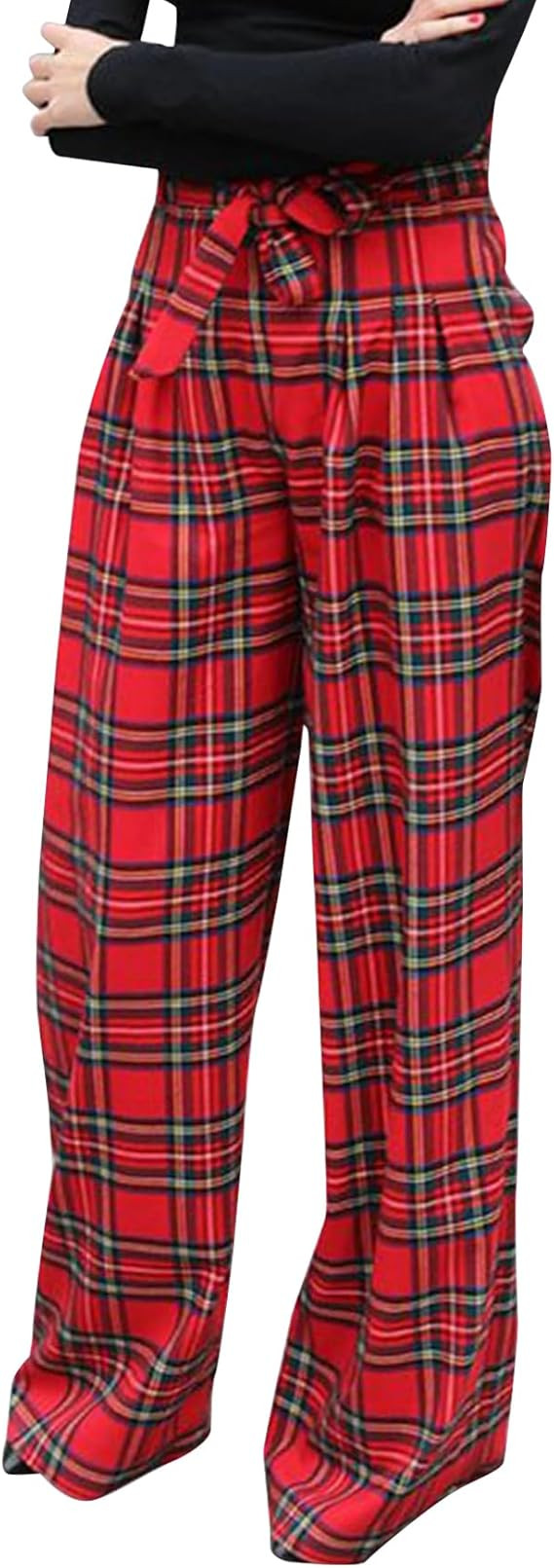 Women's Tartan Plaid Print Pants High Waisted Wide Leg Baggy Palazzo Pants with Belt | Amazon (US)