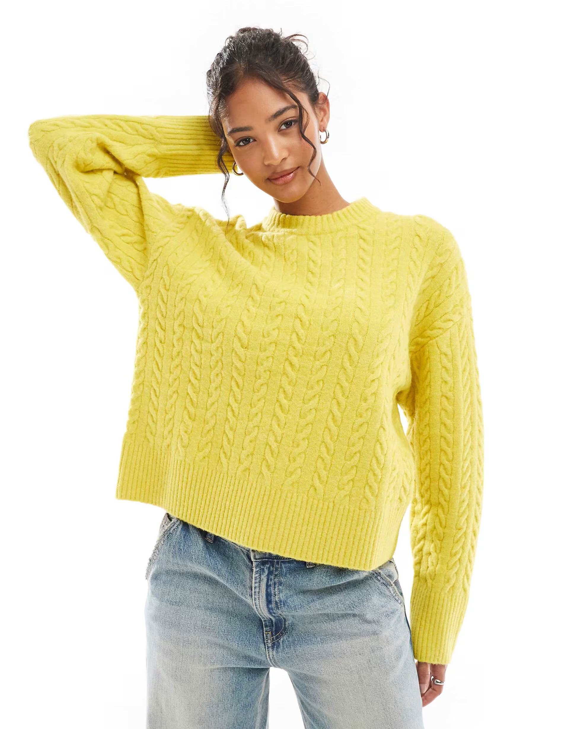 Bershka cable knit jumper in chartreuse | ASOS (Global)