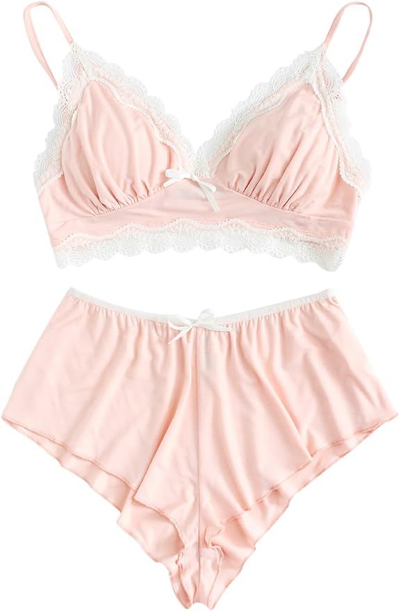 SweatyRocks Women's Lace Trim Underwear Lingerie Straps Bralette and Panty Set | Amazon (US)