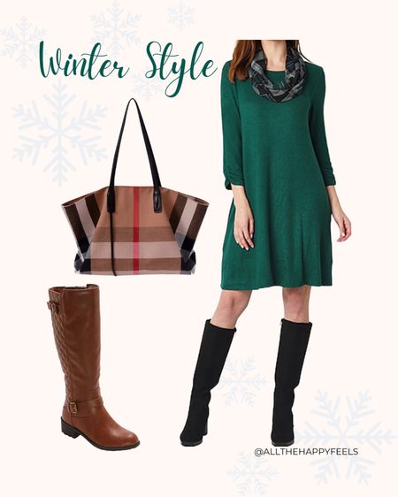 Green Sweater Dress with plaid bag and brown tall boots
#winterwear #sweaterdress #greendress #workwear #browntallboots #plaidpurse #plaidbag #leatherboots #alltgehappyfeels #midsize #size14

#LTKSeasonal #LTKover40 #LTKmidsize