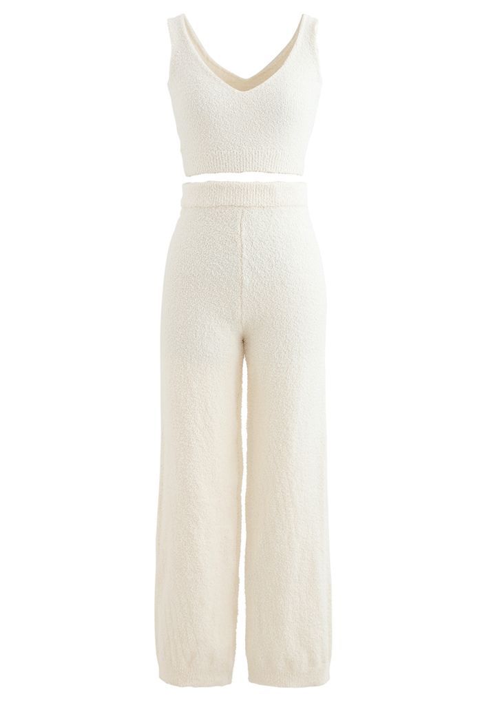 Fluffy Knit Crop Tank Top and Pants Set in Ivory | Chicwish
