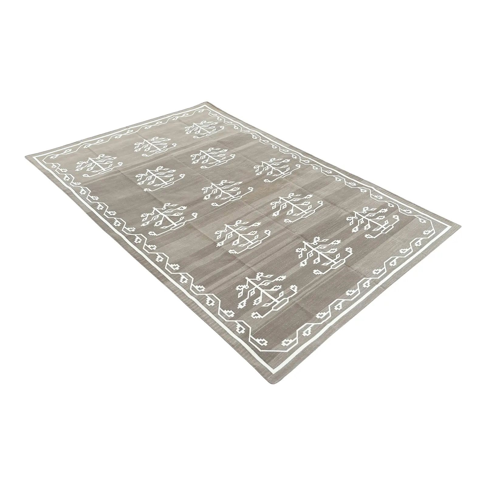 Handmade Cotton Natural Vegetable Dyed, Beige & White Flower / Leaf Patterned Rug/Dhurrie -9'x12' | Chairish