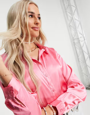JDY Fifi satin long sleeve shirt in pink | ASOS (Global)