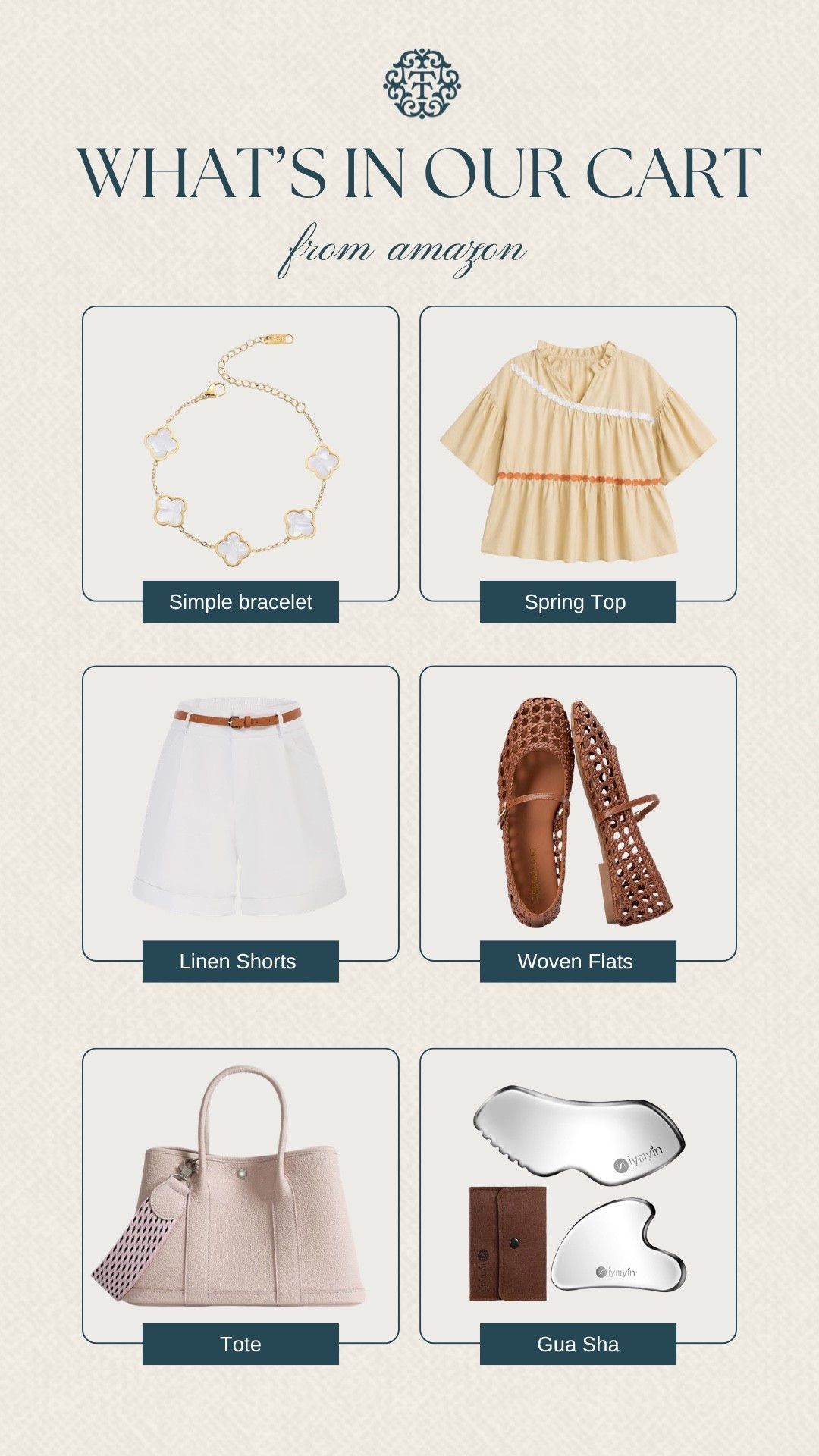 We added a few easy outfit pieces along with accessories we keep in rotation, all from Amazon. The bracelet, spring top, linen shorts, and woven flats feel like simple staples you can mix without thinking too much. Finished it off with a tote and gua sha that fit right into everyday routines.

#LTKSeasonal #LTKOver40 #LTKMidsize