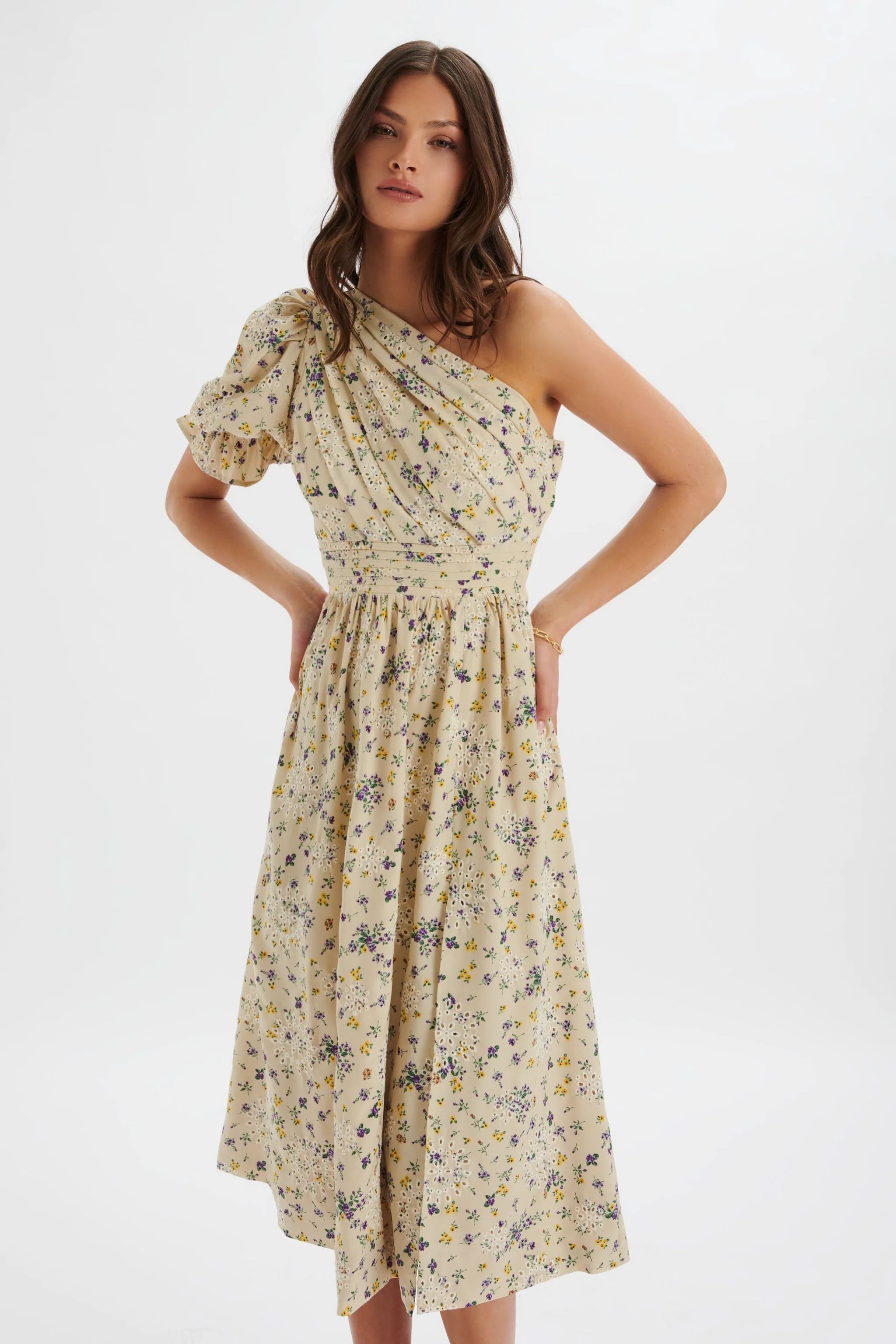 POLLY One Shoulder Puff Sleeve Midi Dress in Floral Broidery | Lavish Alice Retail Ltd