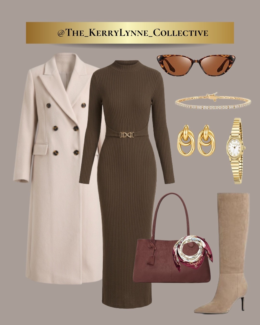 Autumn Espresso 🤎☕️

Rich neutrals, soft layers, and just the right touch of gold—this look is giving elevated fall from head to toe. The chocolate knit dress keeps it sleek, the cream coat adds polish, and the oxblood bag brings in that perfect hint of seasonal color. Finished with taupe boots and warm accessories for a look that feels classic, chic, and effortlessly put together.

Would you wear this for brunch, date night, or a fall day out? 🍂✨

#LTKootd #LTKgrwm