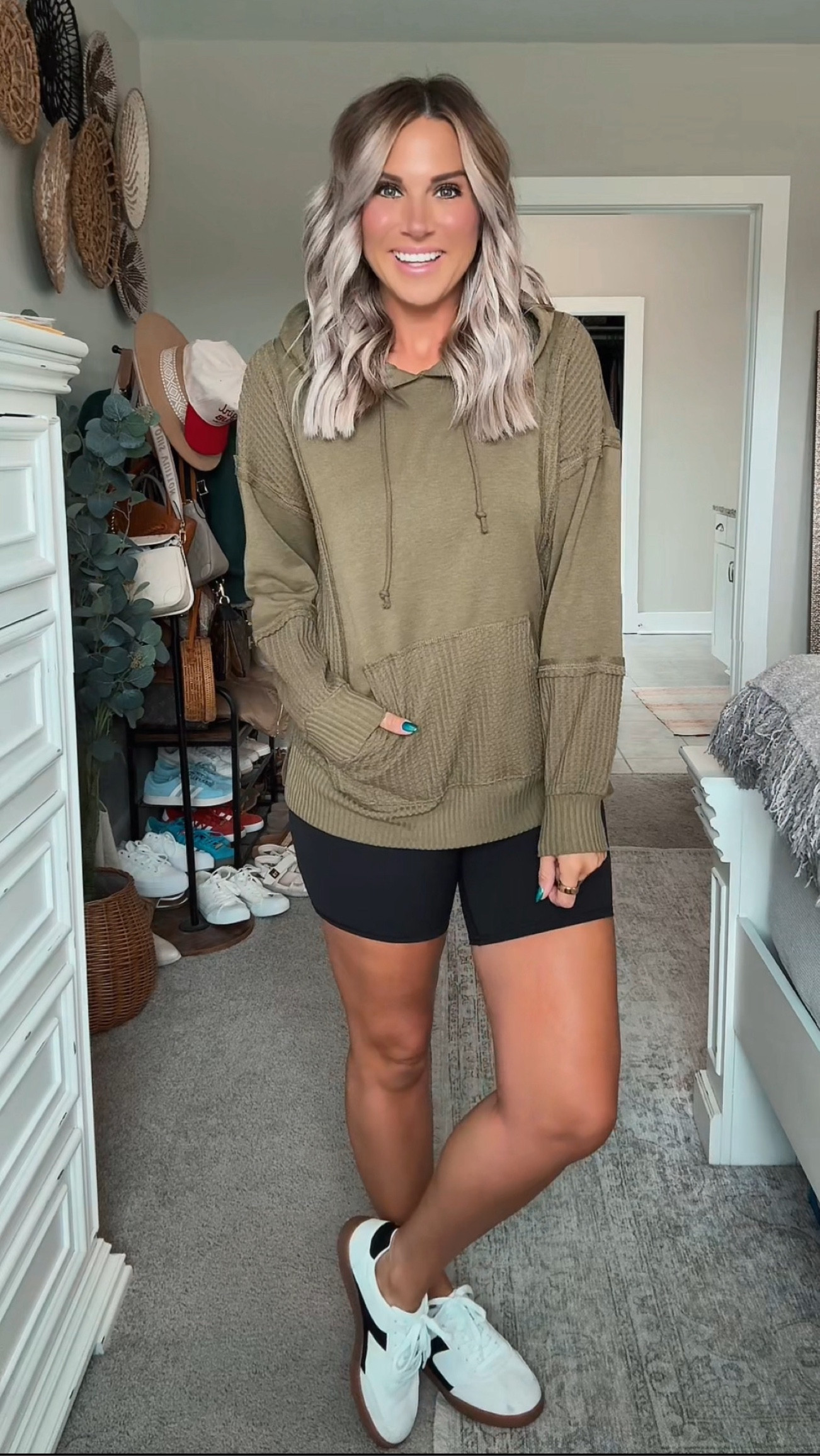 Obsessed with this fall transition  look from Walmart! This olive green hoodie has the detailing and texture of a high end sweat shirt but the price can’t be beat. Loving biker shorts and sneakers to ease into fall! Casual mom outfit, fall mom outfit, summer to falll

#LTKSeasonal #LTKMidsize #LTKFindsUnder50