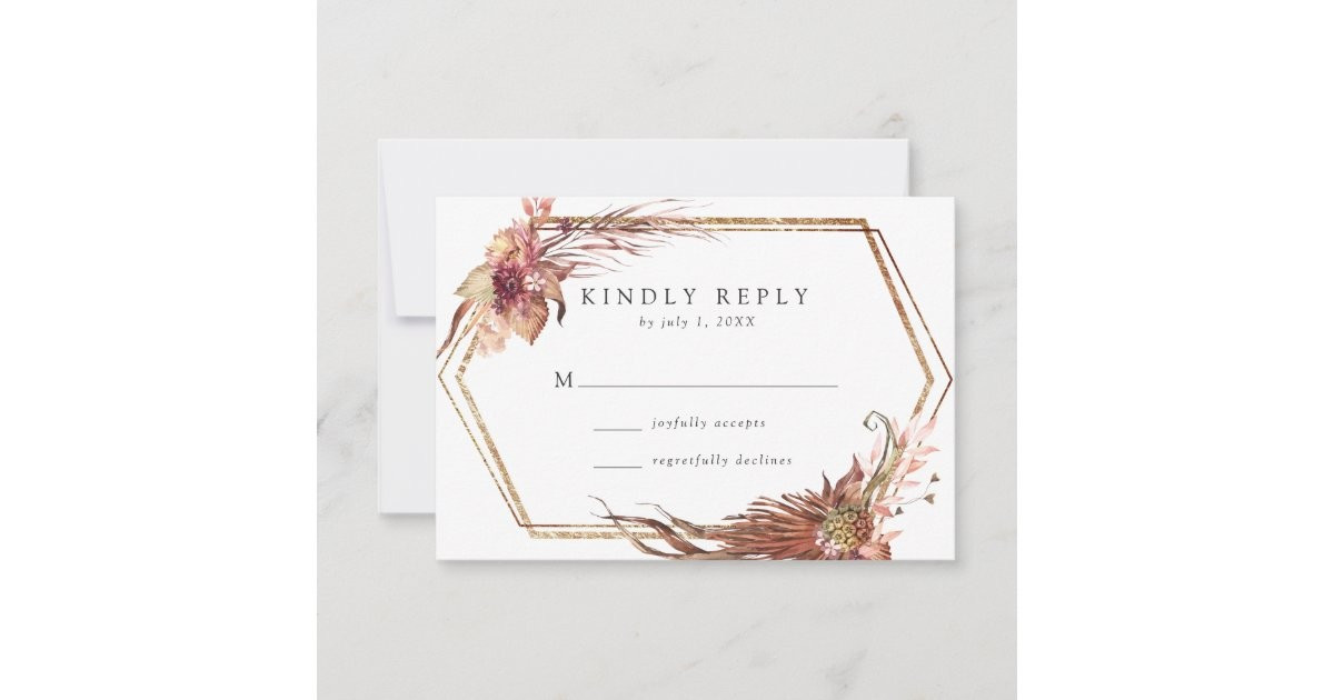 Boho Desert Floral Gold Geometric Frame Wedding RSVP Card | Zazzle