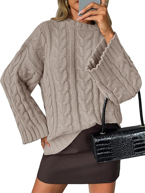 Saodimallsu Womens Oversized Sweaters Cable Knit Bell Batwing Sleeve Crew Neck Fall Winter Chunky... | Amazon (US)