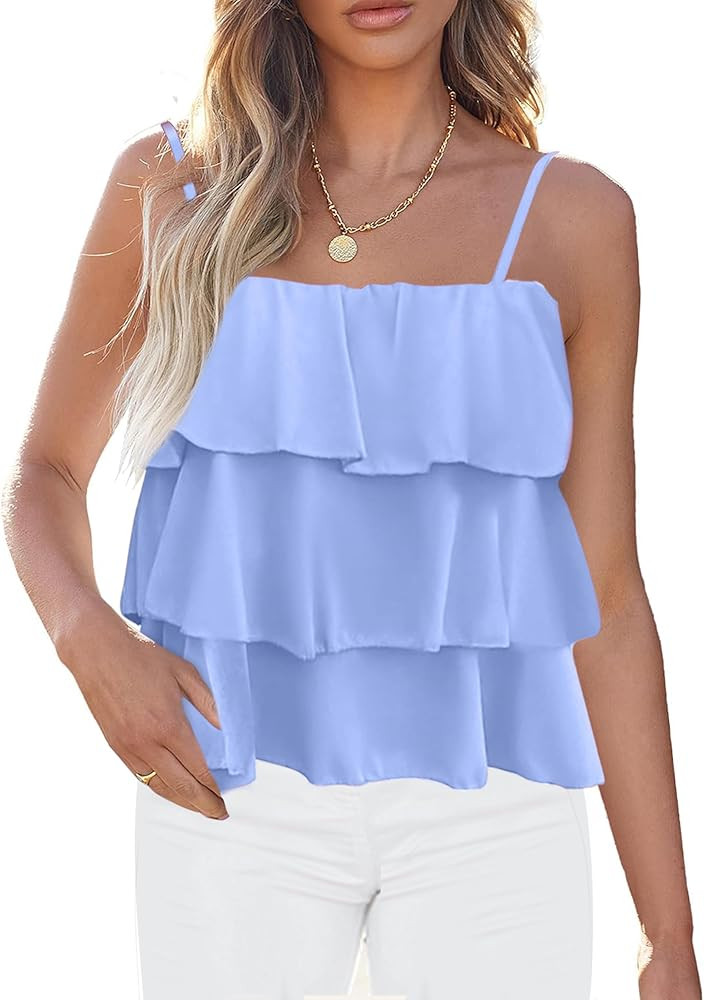 KIRUNDO Spaghetti Strap Ruffle Babydoll Peplum Tank Tops for Women 2026 Summer Cute Flowy Beach V... | Amazon (US)