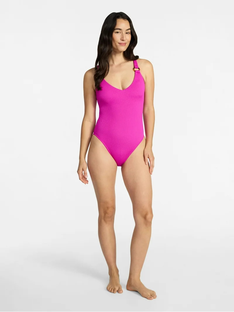 Time and Tru Women's and Women’s Plus Crinkle Plunge One-Piece Swimsuit, Sizes XS-3X | Walmart (US)